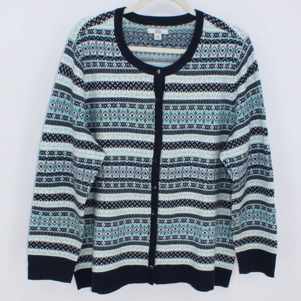 Croft‎ & Barrow $54 XXL Navy Teal White Fair Isle Button Front Knit Sweater - Picture 2 of 12